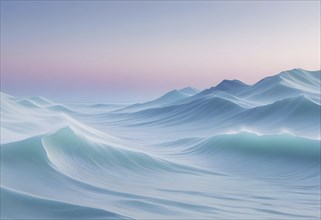 Ethereal scene with ocean waves and twilight sky in pastel hues, conveying tranquility and serene