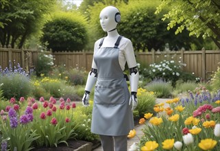 Humanoid robot in an apron standing in a vibrant flower garden, merging technology with nature and