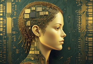 Golden female cyborg head in profile with intricate digital circuitry embedded into head, glowing