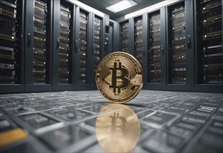 A Bitcoin coin prominently displayed in front of servers in a server room, AI generated