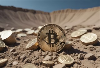 Mining golden bitcoin concept partially buried in sand, set against a soil land, AI generated