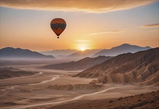 A hot air balloon glides over a desert landscape during a picturesque sunset, AI generated