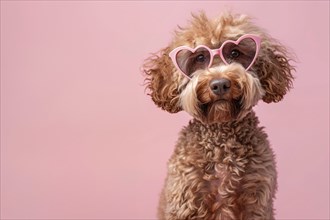 Cute labradpoodle dog with pink heart shaped Valentine's day glasses in front of pink background.