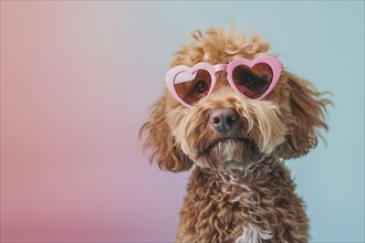 Cute labradpoodle dog with heart shaped Valentine's day glasses in front of pink and blue