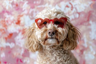 Cute poodle dog with red heart shaped Valentine's day glasses in front of pink background.