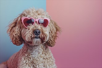 Cute labradpoodle dog with pink heart shaped Valentine's day glasses in front of pink and blue