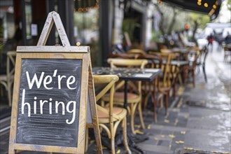 Chalkboard with English text saying 'We're hiring' at restaurant. Concept for labour shortag.