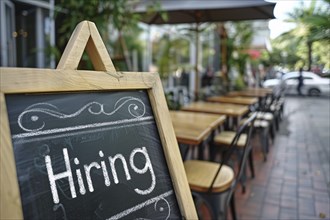 Black chalkboard with English text saying 'Hiring' at restaurant. Concept for labour shortag.