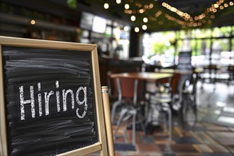 Chalkboard with English text saying 'Hiring' at restaurant. Concept for labour shortag. Generative