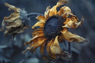 Close up of withered dry sunflower. Generative AI, AI generated