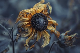 Close up of withered dry sunflower. Generative AI, AI generated