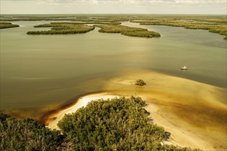 Boat in the Atlantic Ocean, Everglades, mangrove forests, Florida, USA, North America