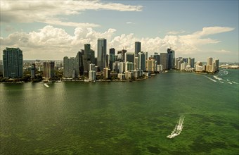 Boat in front of Skyline Miami, Florida, USA Atlantic Ocean