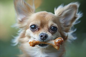 Small Chihuahua dog with bone from chicken wing in mouth. Generative Ai, AI generated