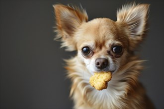 Small Chihuahua dog with chicken nugget in mouth. Generative Ai, AI generated