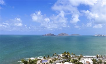 Mexico. Scenic skyline and panoramic view of Mazatlan Malecon. Ocean beaches view, Cerro Neveria