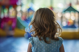 Back view of young toddler girl in kindergarden child day care. Generative Ai, AI generated