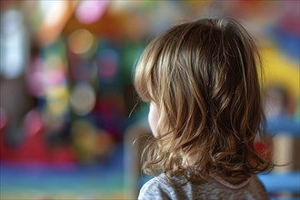 Back view of young toddler girl in kindergarden child day care. Generative Ai, AI generated