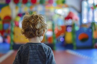 Back view of young toddler boy in kindergarden child day care. Generative Ai, AI generated