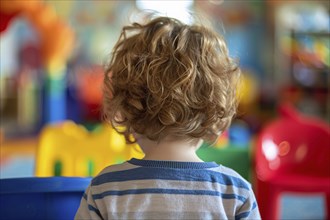 Back view of young toddler boy in kindergarden child day care. Generative Ai, AI generated