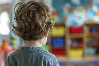 Back view of young toddler boy in kindergarden child day care. Generative Ai, AI generated