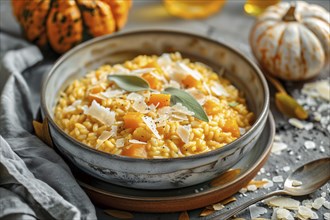 Creamy pumpkin risotto with sage and Parmesan cheese. Generative Ai, AI generated