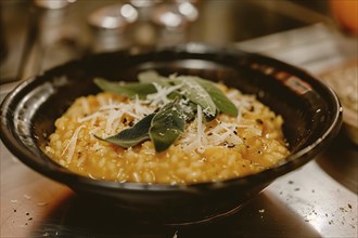 Creamy pumpkin risotto with sage and Parmesan cheese. Generative Ai, AI generated