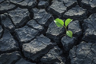 Small new plant growing out in cracked dry earth.. Generative Ai, AI generated