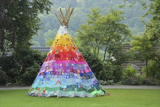 Colourful tipi, tent, wigwam, Indian tent, castle park, Siegen, Siegerland, North Rhine-Westphalia,