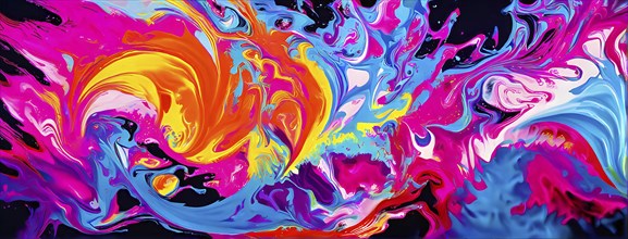 Abstract digital canvas painting dominated by swirling spirals myriad of bright clashing neon