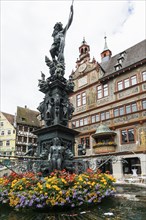 Market square with historic buildings and half-timbered houses and town hall, Tübingen,