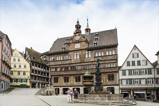 Market square with historic buildings and half-timbered houses and town hall, Tübingen,