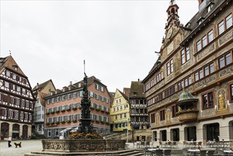 Market square with historic buildings and half-timbered houses and town hall, Tübingen,