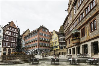 Market square with historic buildings and half-timbered houses and town hall, Tübingen,