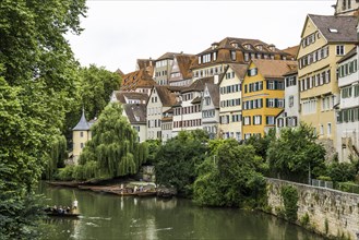 City view, Neckar river front with historic buildings and colourful gables, Tübingen,