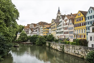 City view, Neckar river front with historic buildings and colourful gables, Tübingen,