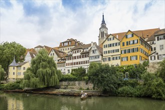 City view, Neckar river front with historic buildings and colourful gables, Tübingen,