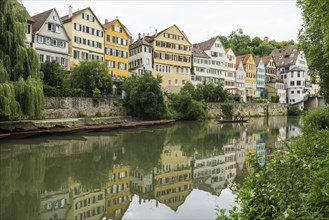 City view, Neckar river front with historic buildings and colourful gables, Tübingen,