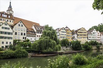 City view, Neckar river front with historic buildings and colourful gables, Tübingen,