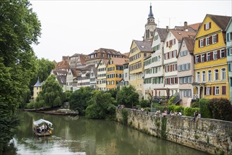 City view, Neckar river front with historic buildings and colourful gables, Tübingen,