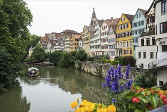 City view, Neckar river front with historic buildings and colourful gables, Tübingen,