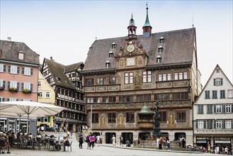 Market square with historic buildings and half-timbered houses and town hall, Tübingen,