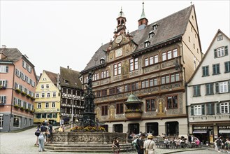 Market square with historic buildings and half-timbered houses and town hall, Tübingen,