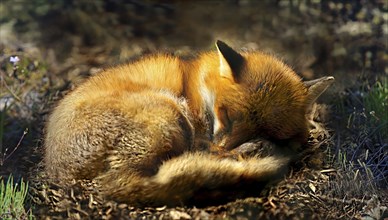 A fox (Vulpes vulpes) curled up and sleeping in the forest, surrounded by natural elements and