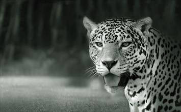 A close-up black and white image of a leopard (Panthera pardus) in the jungle conveying a sense of