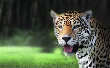 Close-up of a jaguar (Panthera pardus) standing on green grass with a dark forest backdrop, exuding