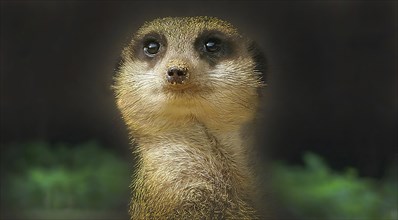 Close-up portrait of a meerkat (Suricata suricatta) with a dark background and green foliage