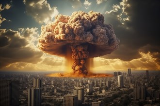 Nuclear blast and mushroom cloud in a city skyline. The explosion is destroying buildings and