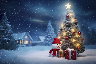 Peaceful and serene Christmas scene with a decorated Christmas tree with gifts presents and a cute