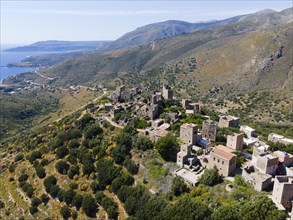 Drone shot, Vathia, Ithylo, Anatoliki Mani, Mani, Lakonia, Peloponnese, Greece, Europe